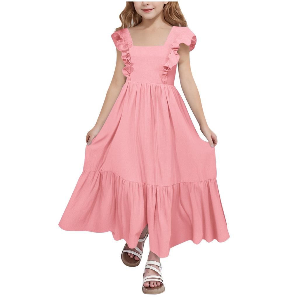 Girls' Square Neck Dress - Sweet Backless Sundress