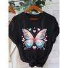 Women'S Plus Size Black T-Shirt with Pink & Blue Floral Butterfly Design - Casual Crew Neck, Short Sleeve