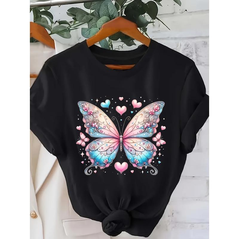 

Women S Plus Size Black T-Shirt with Pink & Blue Floral Butterfly Design - Casual Crew Neck, Short Sleeve 4XL чорний