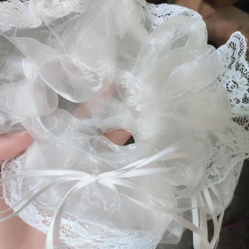 Summer Super Fairy Cream White Lace Edge Mesh Bows Ribbons Hair Rubber Band Hair Scrunchies Lolita Sweet Girls Ponytail Holder