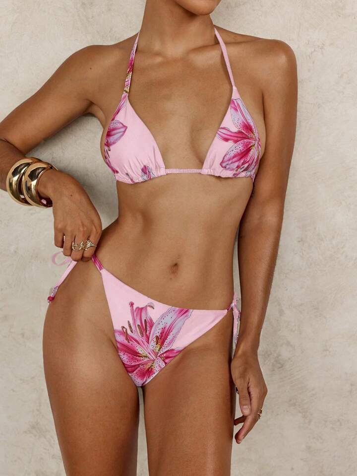 Bikini New Leopard Print Contrasting Color Triangle Cup Lace-up Sexy Bikini Swimsuit Swimming