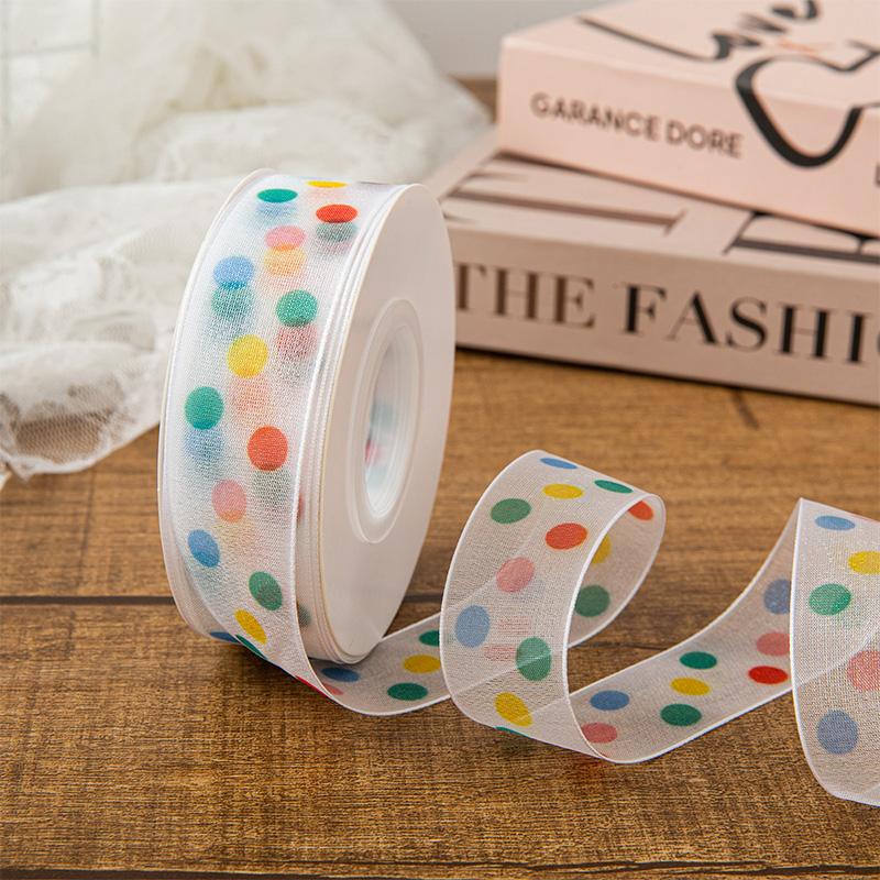 25Y Craft Bow 2.5cm Colorful Dot Beautiful Clear Yarn Ribbons DIY Gift Wrapping Supplies Lightweight Organza Ribbon