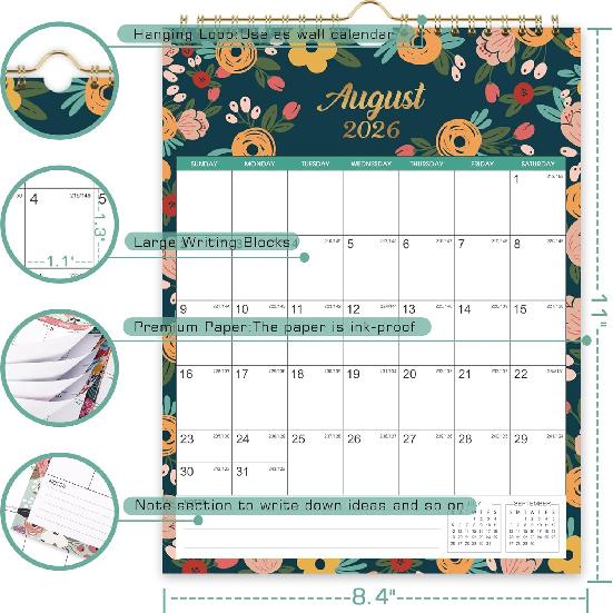 2026 Calendar - JAN 2026 - DEC 2026 Wall Calendar, 12 Month Wall Calendar 2026, 8.5" X 11", Twin-Wire Binding + Hanging Hook + Large Blocks with