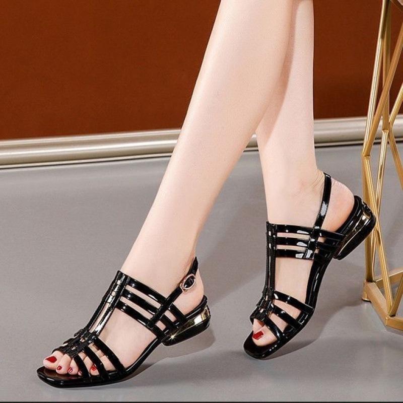 Fashion Comemore Summer Women's Low Heel Sandals Black Casual Patent Leather Hollow Out Women's Shoes Elegant Back Strap Sandales Femmes