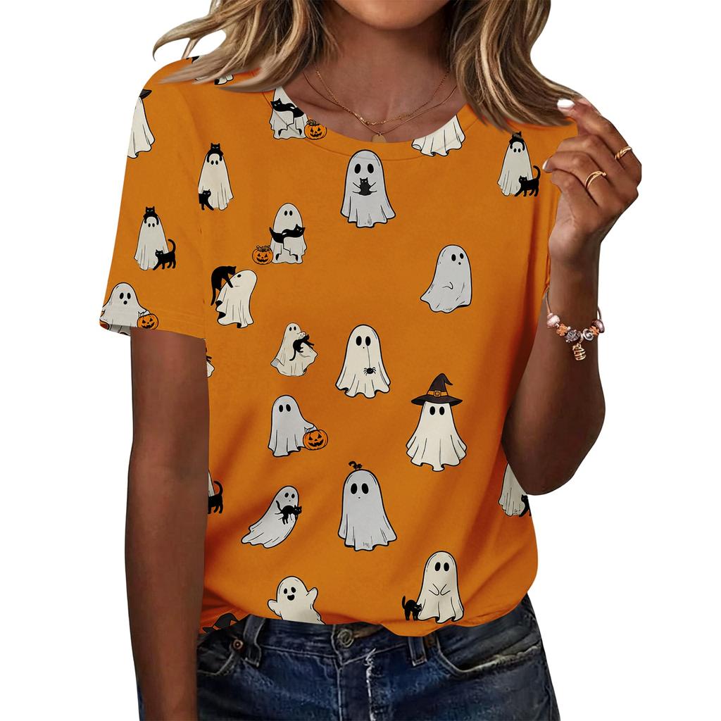 Women's Casual Loose Fit Halloween Print T-Shirt Short Sleeve Crew Neck Top Comfortable Lightweight Fabric All Over Graphic Design