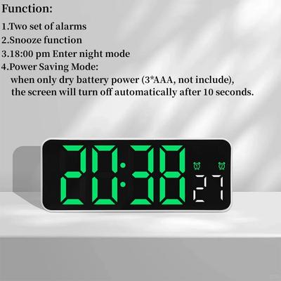 Sveglia digitale alimentata tramite USB, visualizzazione della data, funzione di temporizzazione, regolazione della luminosità, due set di allarmi, funzione snooze 12/24 ore, orologio LED