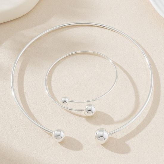 2Pcs/Set Necklace Bracelet Set, Adjustable Opening Bracelet with Double Ball Beads, Fade Resistant Choker Necklace for Minimalist Jewelry Gift