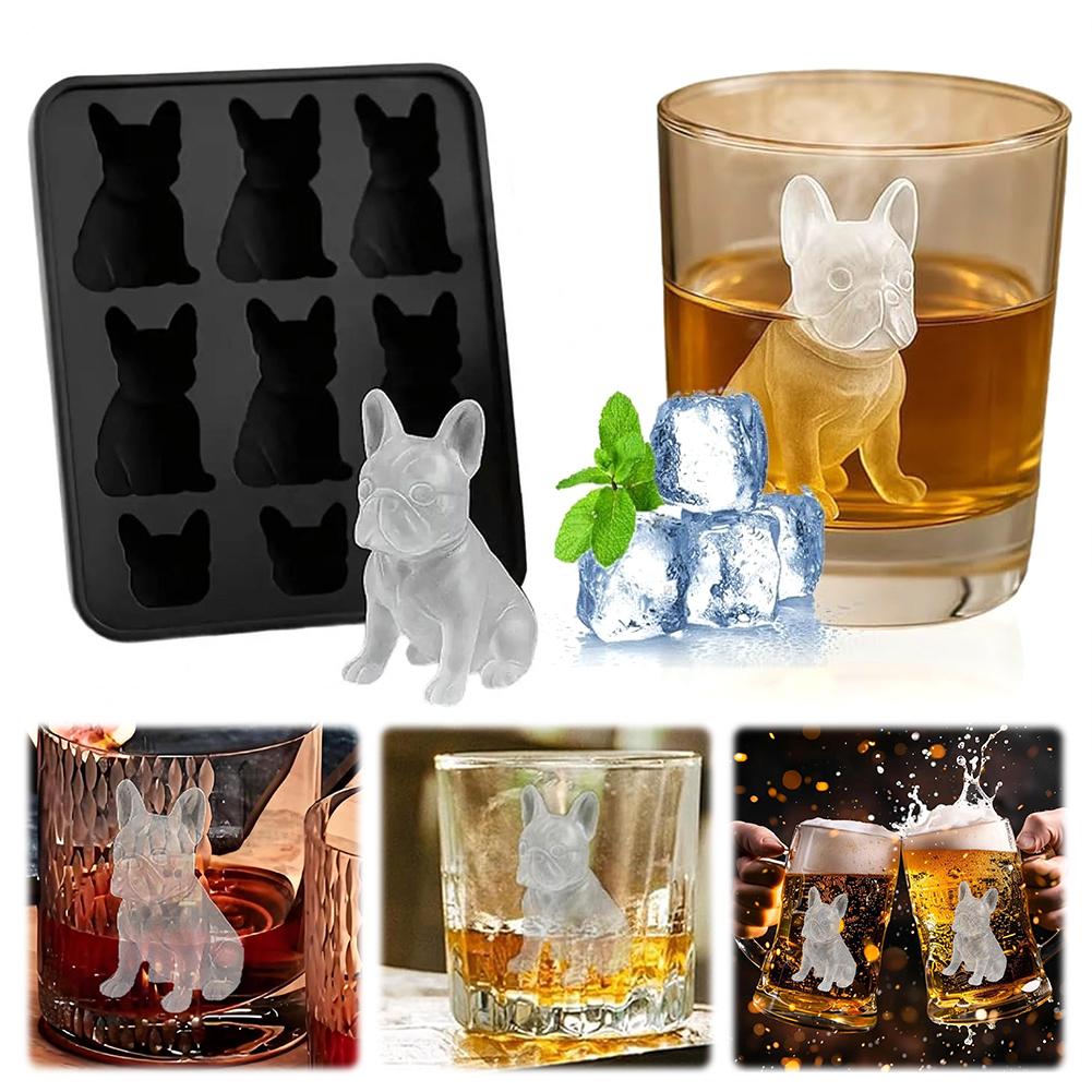 Tablett-Set Französische Bulldogge Eiswürfelform Tablett Silikon 3D Hundeförmiger Eisform-Maker 6-Kavitäten Whiskey-Eisformen Niedliche Neuheitsgeschenke
