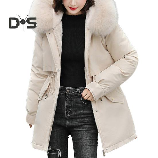 Women Coat Hooded Winter Jacket with Faux Fur Collar Warm Fashionable Zipper Closure Coat for Autumn Winter