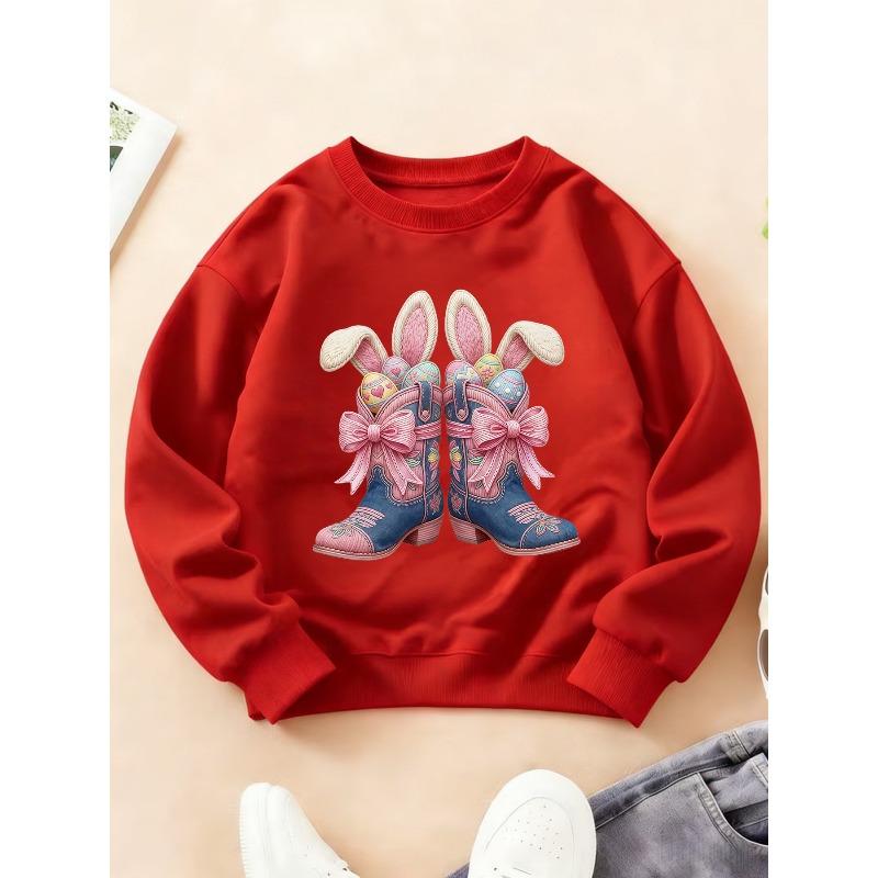 Kids Crewneck Long Sleeve Sweatshirt, Western Cowboy Boots & Bow Rabbit Print