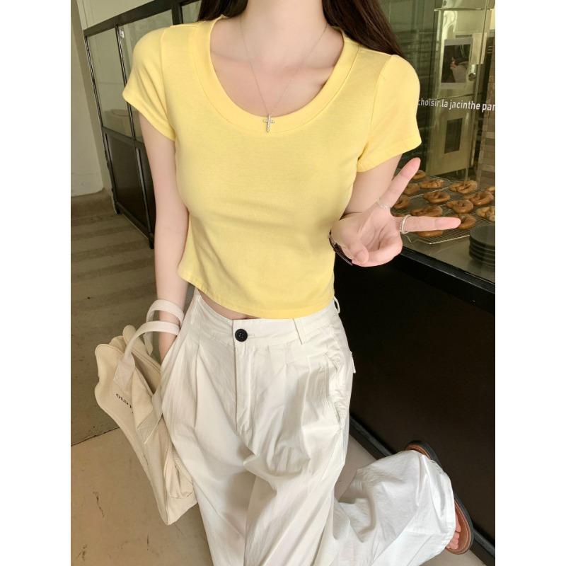 Camiseta de algodón puro de color liso con cuello en U y hombros descubiertos para mujer, nueva camiseta de verano, corta y ajustada.