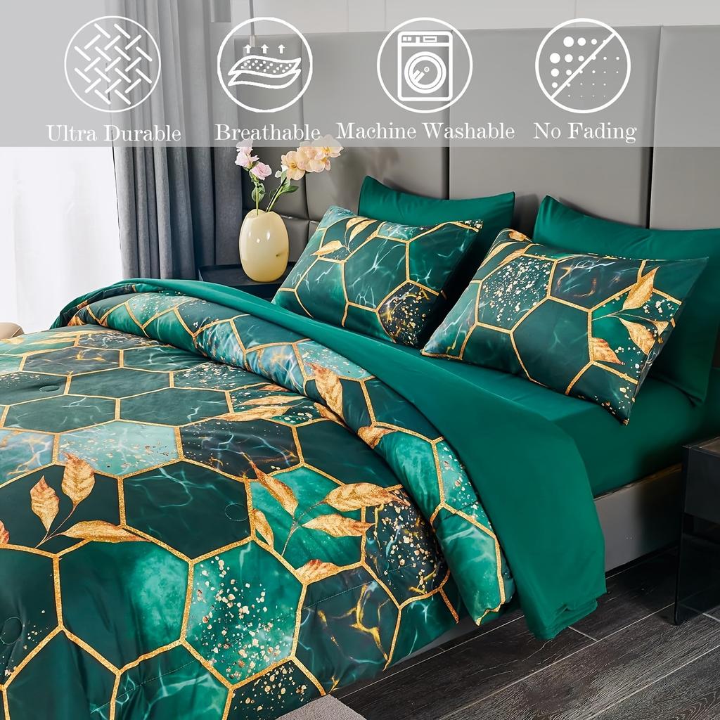 Honeycomb Duvet Cover Set Geometric Hexagon Duvet Cover Gold Leaf Bedding Set Ultra Soft Lightweight Microfiber Bedding Set