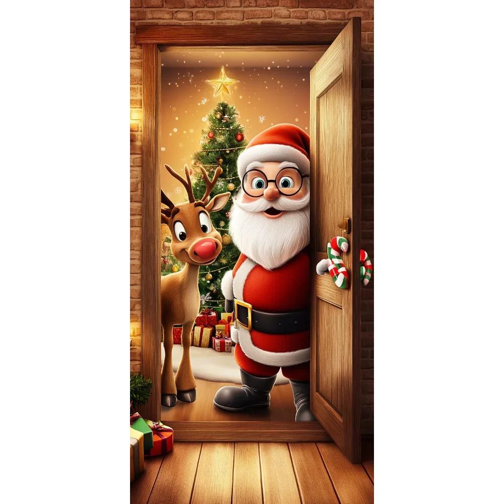Christmas Door Cover Decoration Santa Claus Elk Open Door Welcome Christmas Background Indoor Outdoor Porch Banner Party