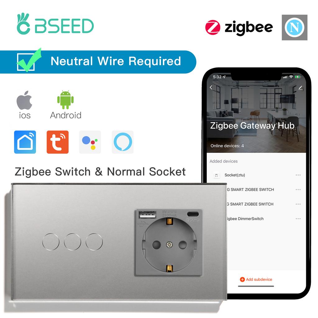 BSEED Zigbee Smart Light Switches 1/2/3 Gang Alexa Tuya Smart Life Compatible Plus Wall Socket With USB Type-C Ports EU Standard