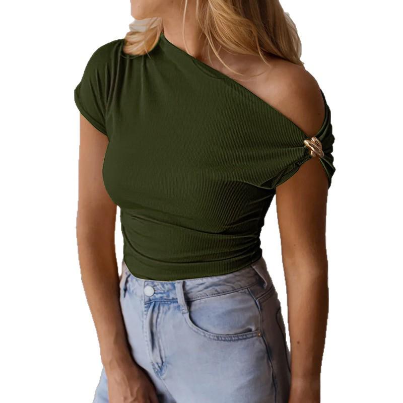 2026 Women's Slim-Fit Ribbed T-Shirt with Metal Decoration