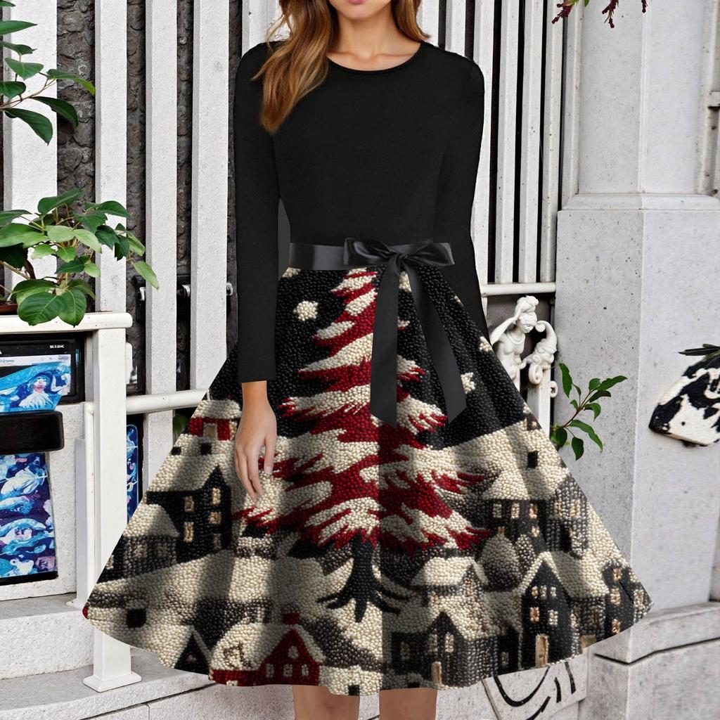 Women's Fashion Round Neck Slim-Fit Christmas Print Long-Sleeved Dress