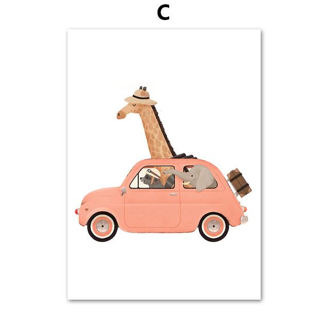 Giraffe Elephant Bear Animal Car Travel Canvas Painting Kindergarten Wall Art Nordic Posters and Printmaking Murals