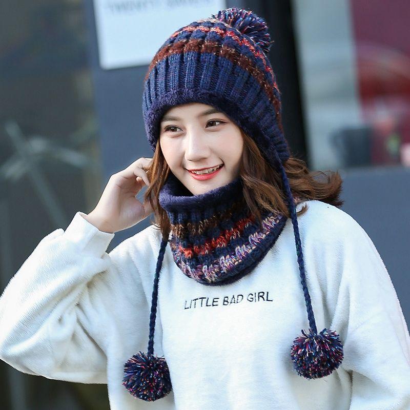 Hat Female Autumn Winter Trendy Versatile Fleece Knitted Wool Hat British Pullover Warm Ear Protector Scarf Hat Female