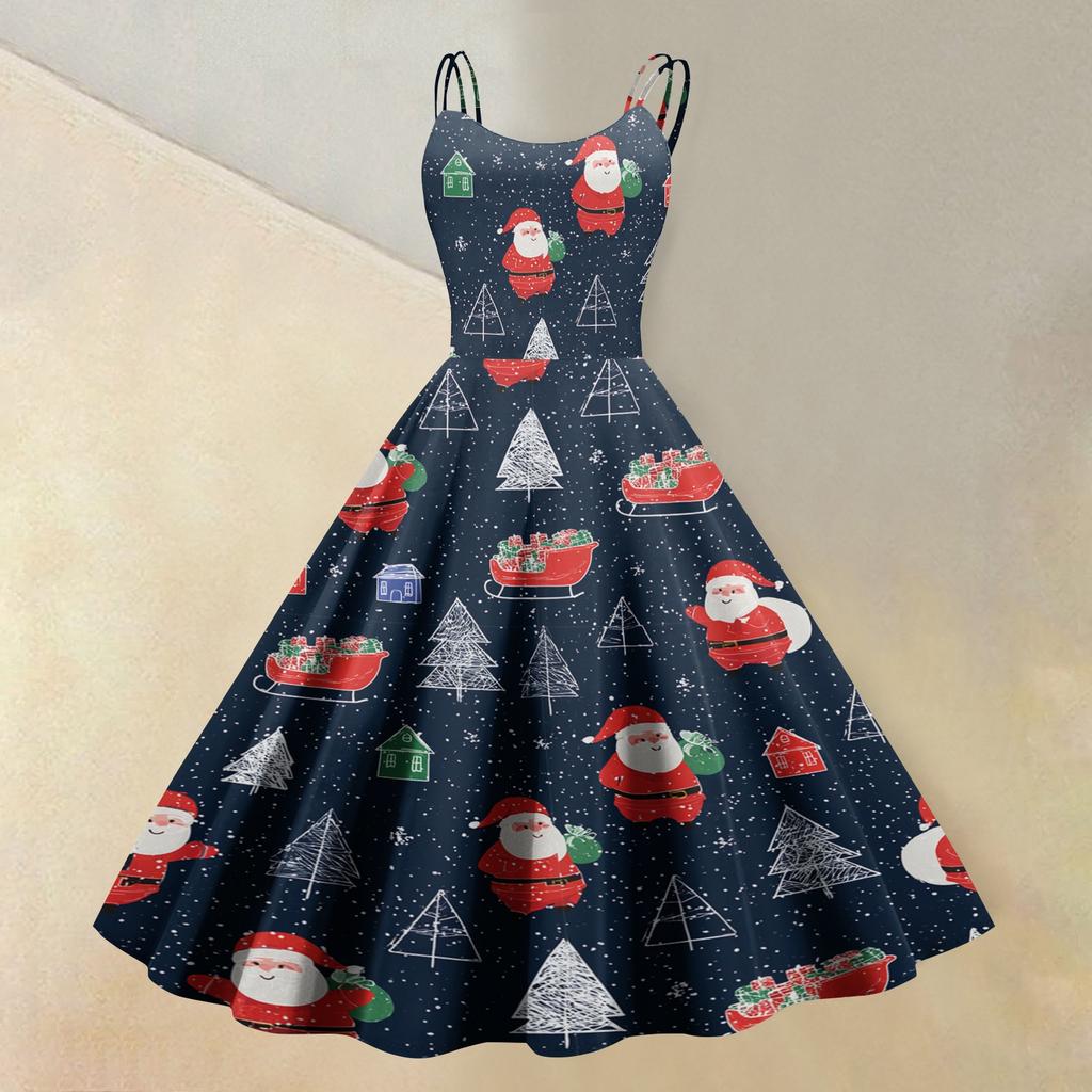 Women's Casual Sleeveless Dress with Christmas Print and Round Neck for Holiday Party