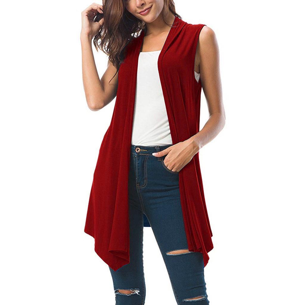 Ärmellose, drapierte, vorne offene Cardigan-Weste für Damen mit asymmetrischem Saum, Blusen-Tops
