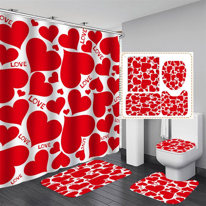 Valentine's Day Bathroom Bathing Waterproof Shower Curtain Home Entrance Doormat Bathtub 4Pcs Set Toilet Seat Cover Rugs Bath Non-Slip Floor Mat Love