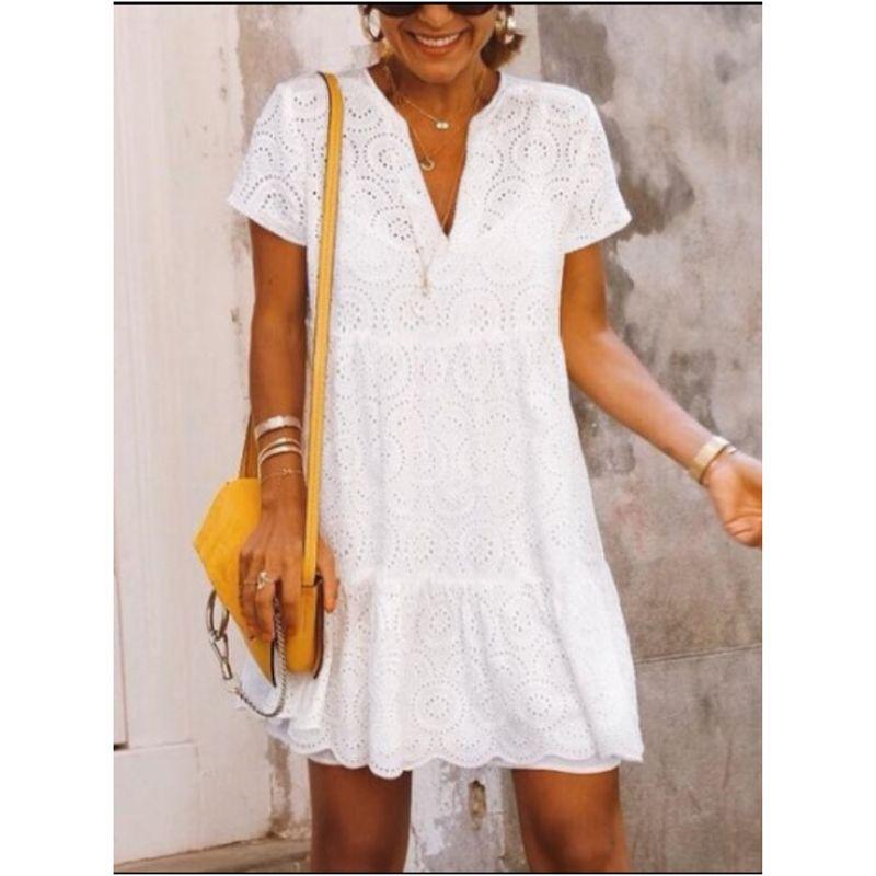 White V-neck Loose Hollow Fairy Dress Embroidery