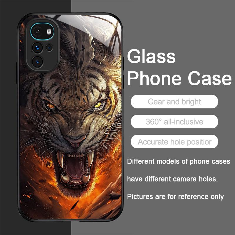 Golden Black Tiger Stripe Flame Print Tempered Glass Phone Case for Motorola Moto G85 G84 G75 Edge 50 Fusion 40 Neo 30 Pro Cover