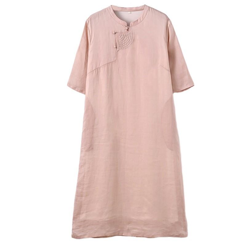 Johnature Women Embroidery Floral Vintage Dress Stand Half Sleeve Solid Color Summer Button Ramie A-Line Dress