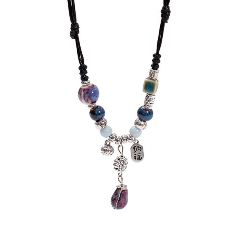 A52E Ethnic Ceramic Beaded Necklace Adjustable Size Handmade Choker Bohemian