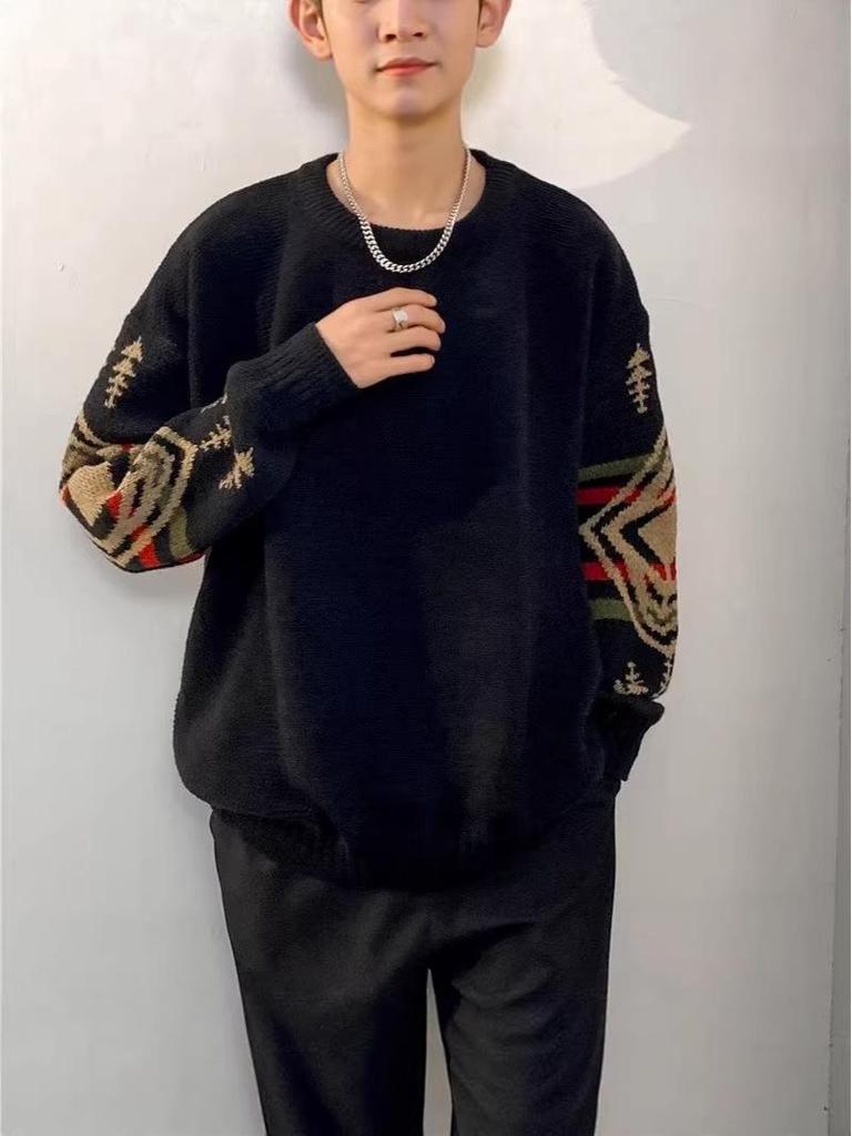 Men's Retro Ethnic Casual Sweater - Autumn/Winter Round Neck Knitwear