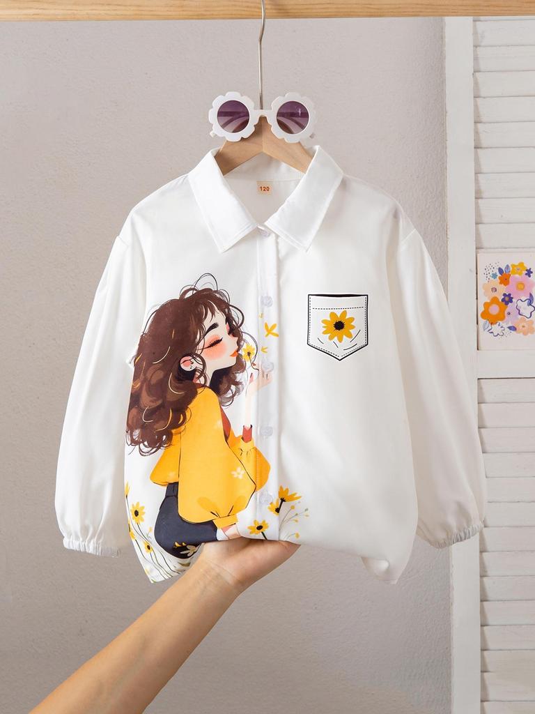 Mädchen 120-160cm Tägliche Mode Cartoon-Print Langarm Revers Knopfleiste Hemd