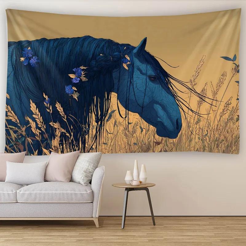 Blue Horse Tapestry, Golden Wheat & Flower Animal Print Wall Hanging for Bedroom, Living Room, Dorm & Aesthetic Decor