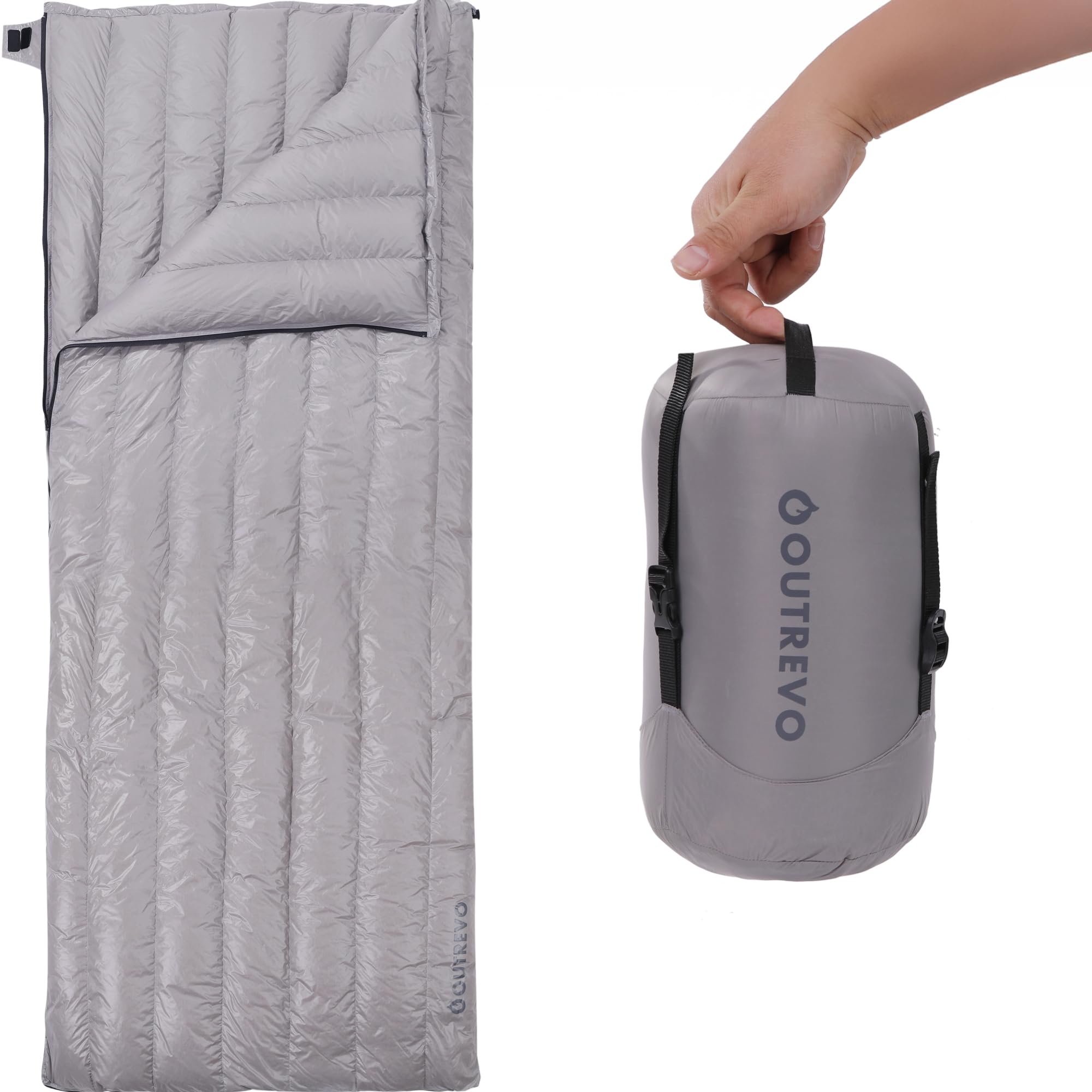 

OUTREVO Down Sleeping Bag, Envelope Style, Lightweight, 400g Goose Down, Connects for Two, Compact, Outrevo (Gray)