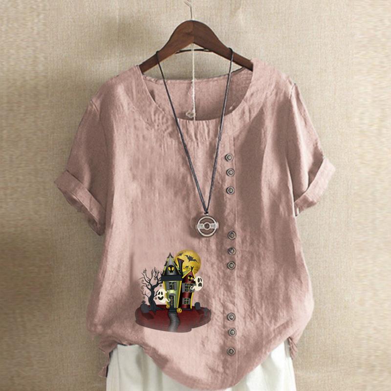 

Женская модная футболка с круглым вырезом и коротким рукавом, повседневная хлопковая льняная рубашка с рисунком, свободная летняя блузка с принтом «Дом с привидениями», топы для отдыха S розовый