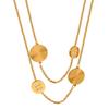 Collar largo de primavera con incrustaciones geométricas redondas de circonitas, cadena de suéter chapada en oro de 18 quilates y acero de titanio.