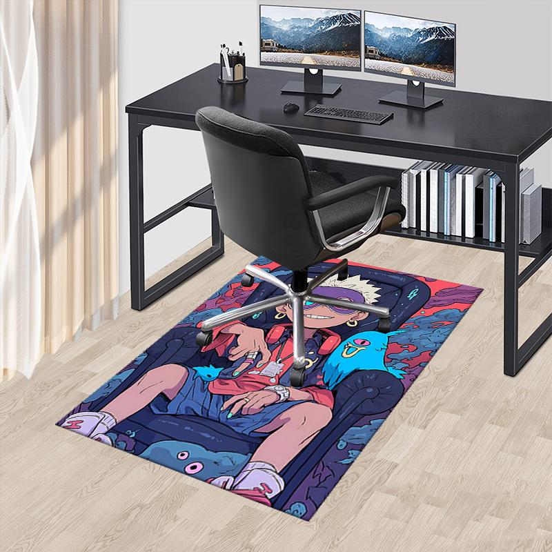 

1pc Anime Cartoon Design Office Chair Mat - Blue Spirit Cat and Fish Friends - Non-Slip Carpet for Home Decor, Gaming Room, Bedroom, Living Room - Sui 60cm by 90cm