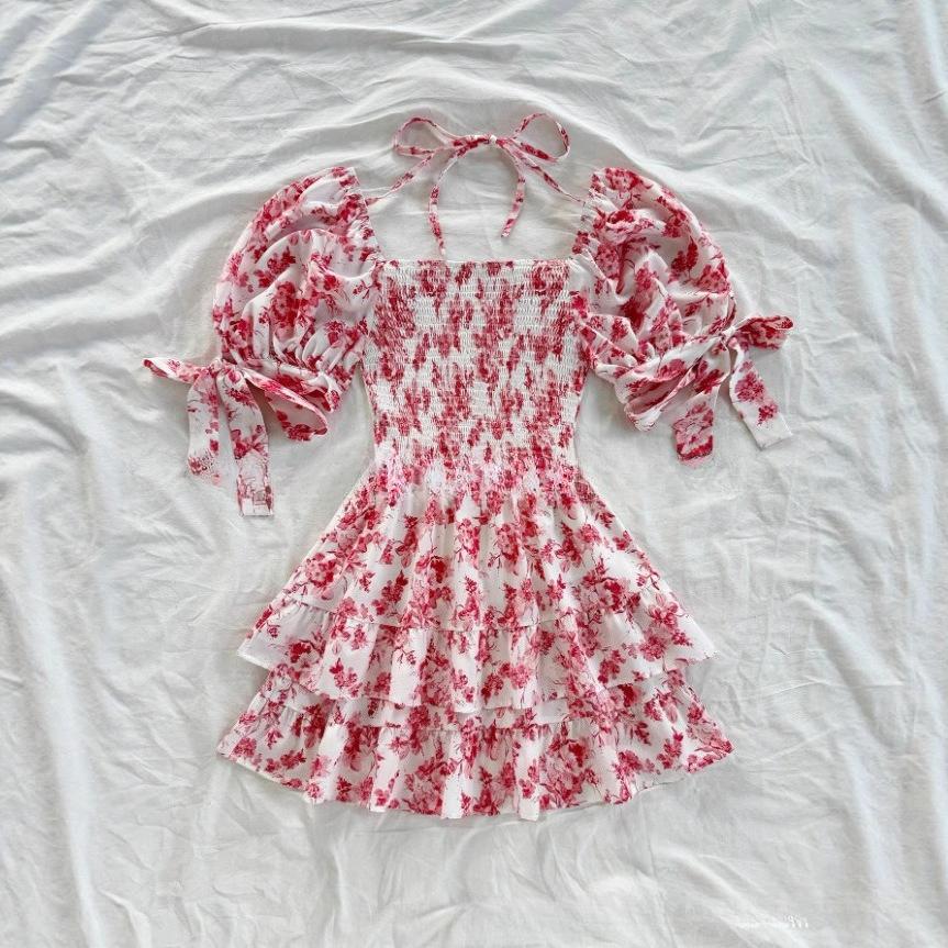 VEZFAA Women's Fashion Summer Spring Colour Block Print Short Sleeve Square Collar High Waist Casual Dresses