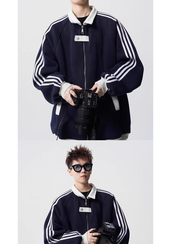 Unisex American Color Block Striped Hoodie, Heavyweight Baseball Jacket-Style Cardigan for Spring/Autumn