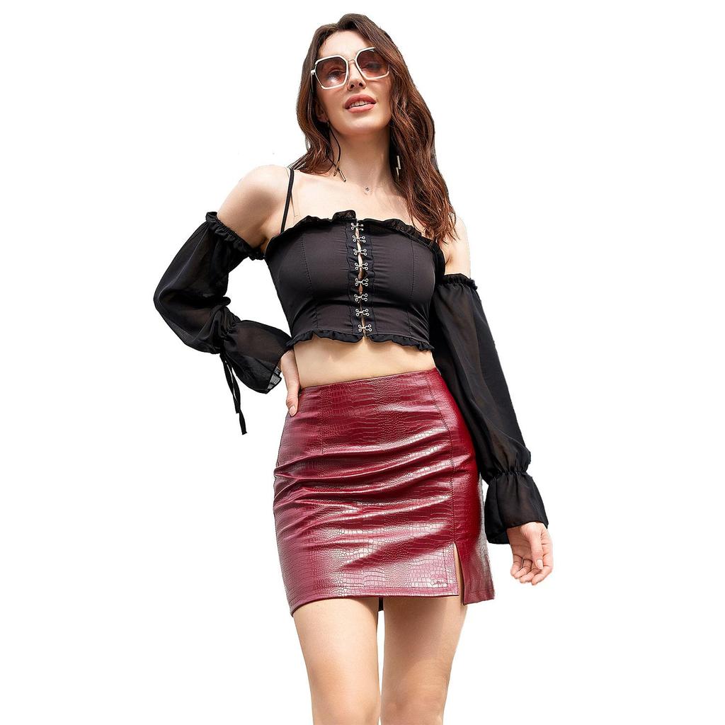 Summer Ladies Crocodile Pattern Pu Short Skirt European Size Split Skirt Slim Fit Stretch Leather Skirt