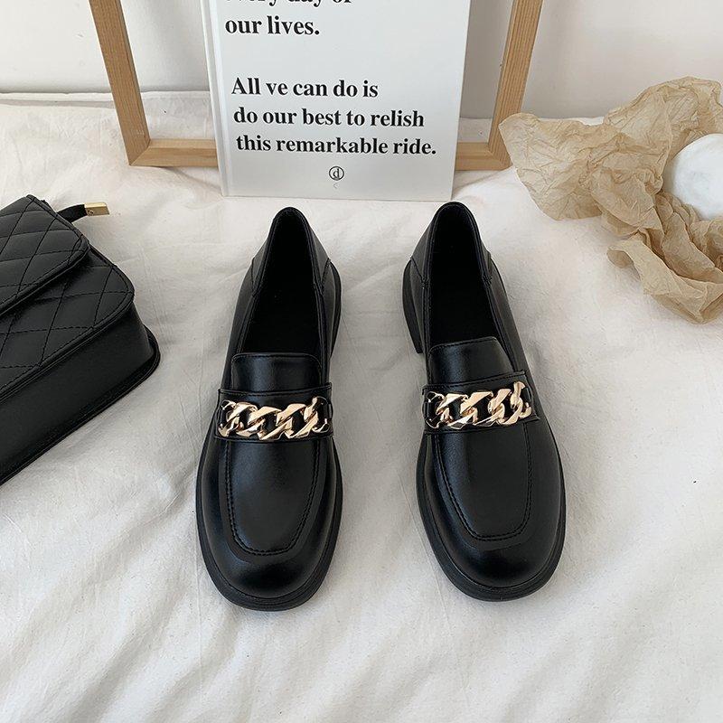 Shoes For Women Metal Chain Oxford Woman New Slip On Square Heel Platform Shoe Round Toe Solid Leather Casual Loafers