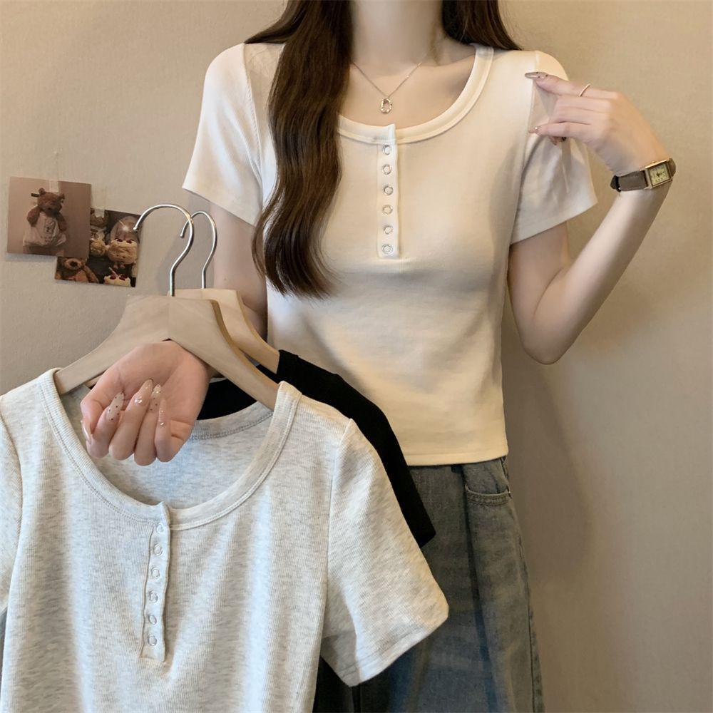 Elegantní dámské letní tričko s krátkým rukávem ve slim fit střihu v korejském stylu