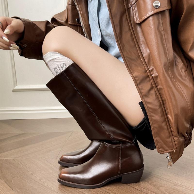 Cowhide version~ Square head thick heel high boots women's autumn and winter polished thick sole thick leg thin wide tube long boots