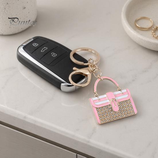 Rhinestone Keyring Keychain Pendant, Enamel Simulated Handbag Shape Key Holder with Lobster Clasp, Shiny Girly Gift Accessory Prong Setting