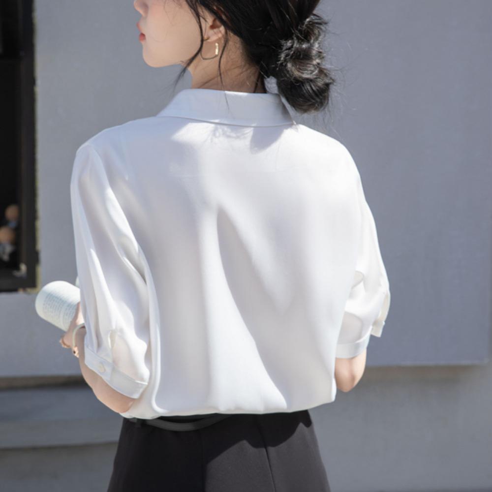 GMXIA Women's Blue Shirt Female Short-sleeved Summer Thin Professional Temperament Medium-sleeved Anti-wrinkle Non-iron Blouse Tops