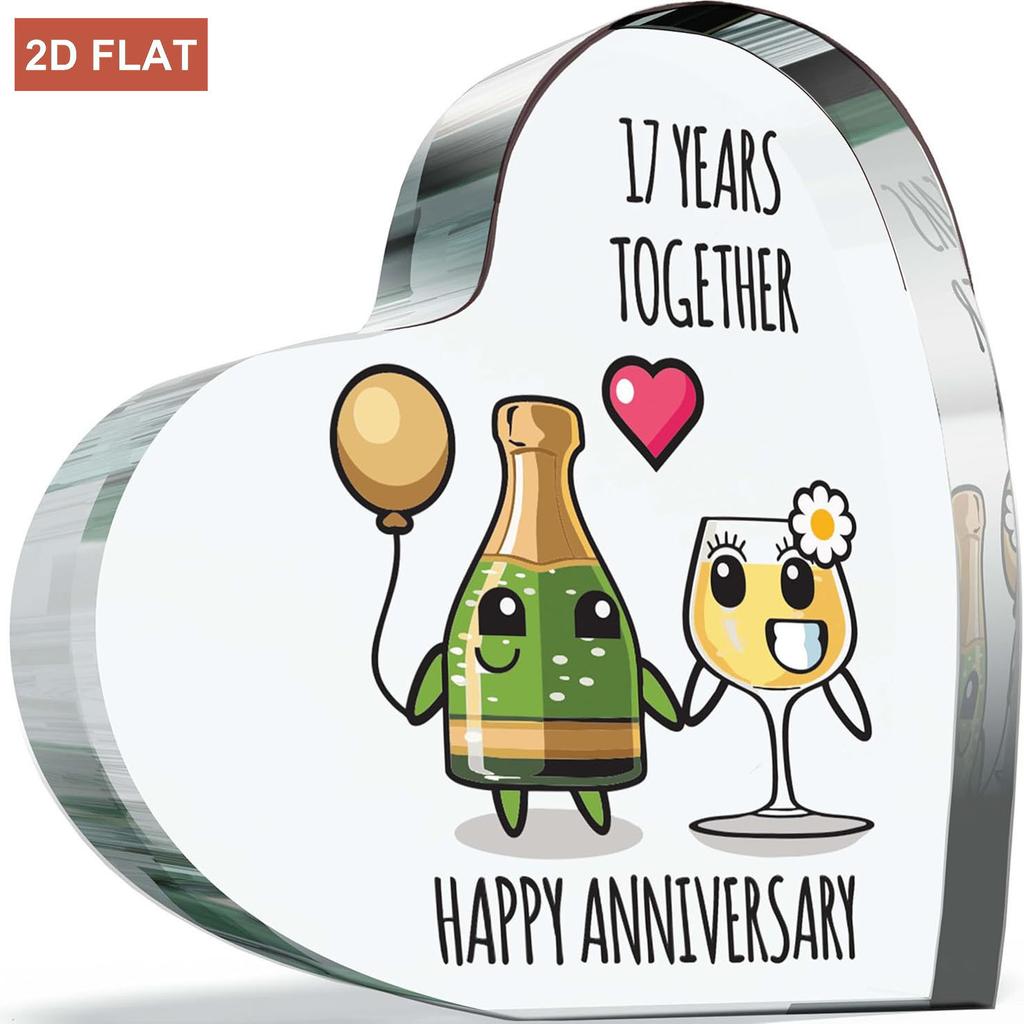 2D Flat, 2D Flat 17th Anniversary Plaque Gifts for Wife Husband - Happy Anniversary - I Love You Romantic Acrylic Heart Plaque Gift for Women Men, Pre