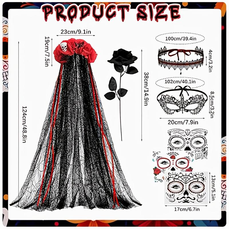 Day of the Dead Costumes for Women, Day of the Dead Headband Accessories, Veil, Tattoo, Black Rose, Necklace, Lace Eye Mask, Halloween