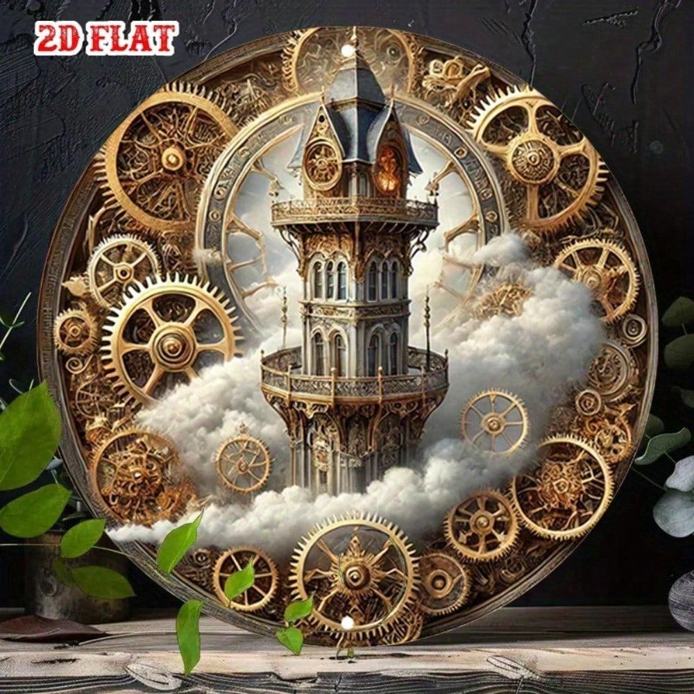 Steampunk Metal Wall Art Round Gear Bell Tower Vintage Decor for Home Cafe