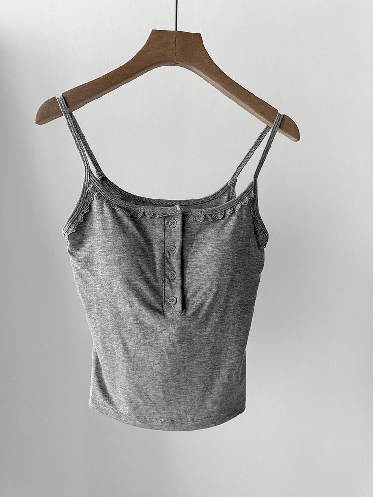 Wang Qizhi Women's Lace Trim Button Camisole Vest - Spring/Summer Versatile Top WQ183