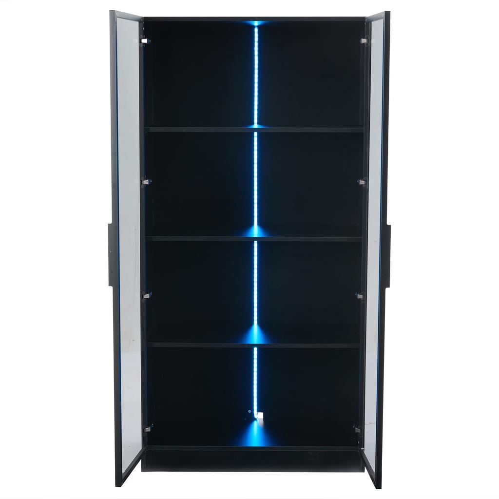 Glasvitrine LED-Lichtern 2er-Set, doppeltürige Schwarz viel Stauraum, Modern Einlegeböden, Bücherschrank Standvitrine Wohnzimmer Büro