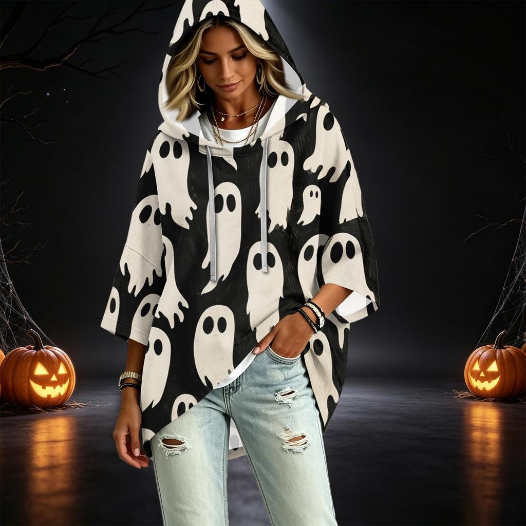 Women's Fashionable Three-Quarter-Sleeve Halloween-Printed Hooded Pullover